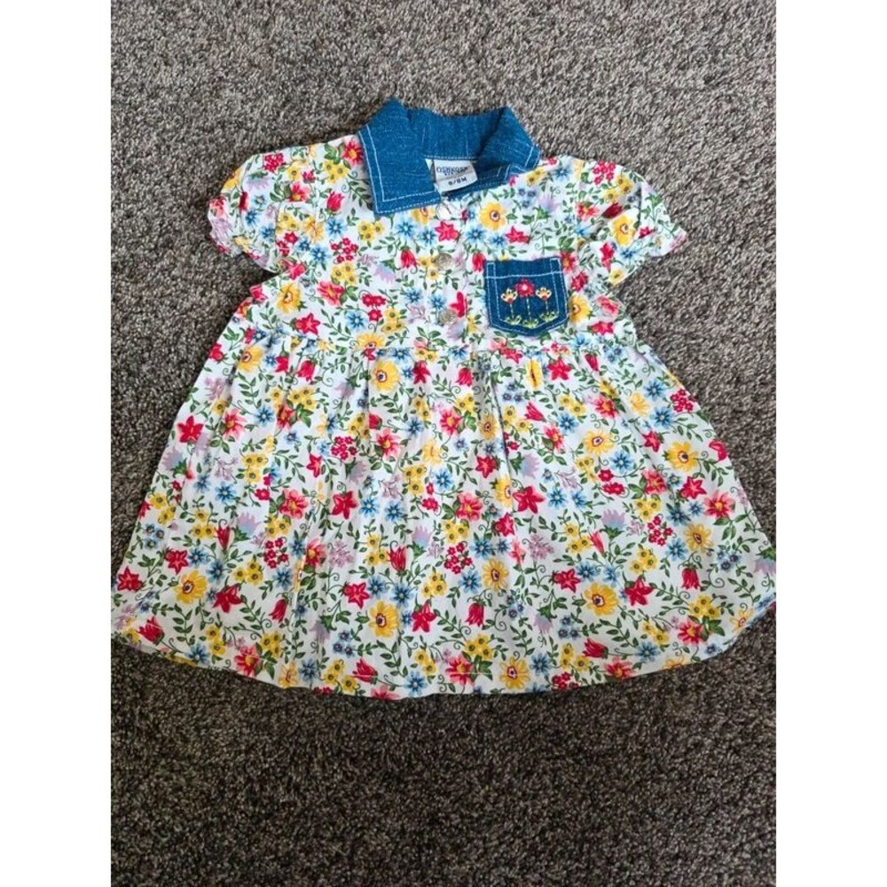 OshKosh B'gosh Floral Denim Collar Dress Baby Infant Girl Size 6-9 EUC